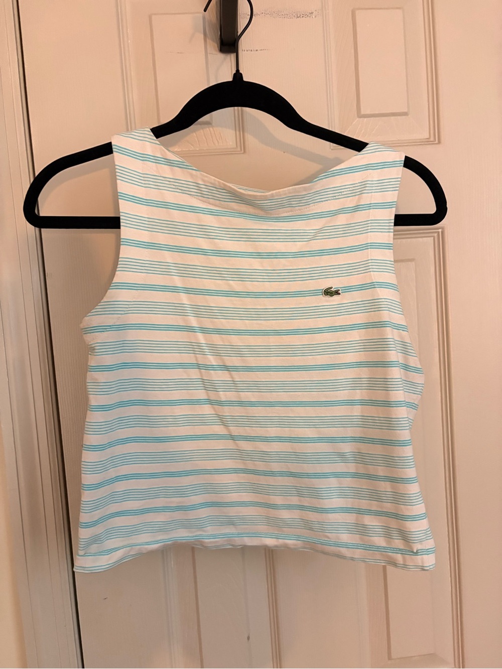 Vintage Lacoste Sleeveless White Tank with Light Blue Stripes
